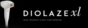 Photo of the Diolaze logo and the laser hair removal device