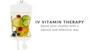 A bag of fruit is shown with the words " iv vitamin therapy."